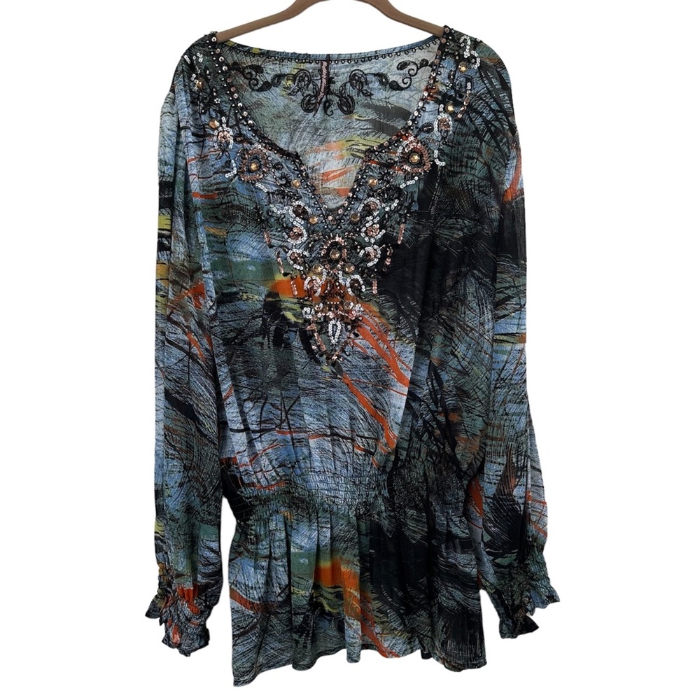 Boho Artsy Abstract Print Flowy Sheer Blouse Mushka by Sienna Rose Size 2X